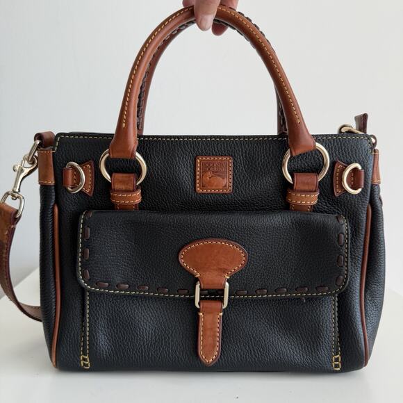 Dooney & Bourke Florentine Satchel Bag Black Brown Pebbled Leather Pocket Hand - Picture 1 of 16